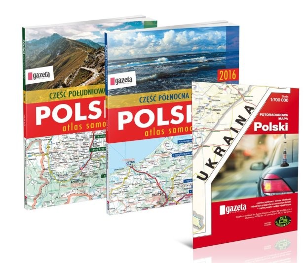 Samochodowe atlasy Polski oraz mapa fotoradarów z 
