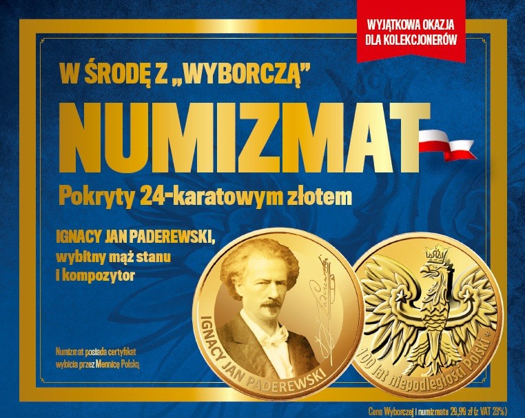 Numizmat z wizerunkiem Ignacego Jana Paderewskiego z „Gazetą Wyborczą”