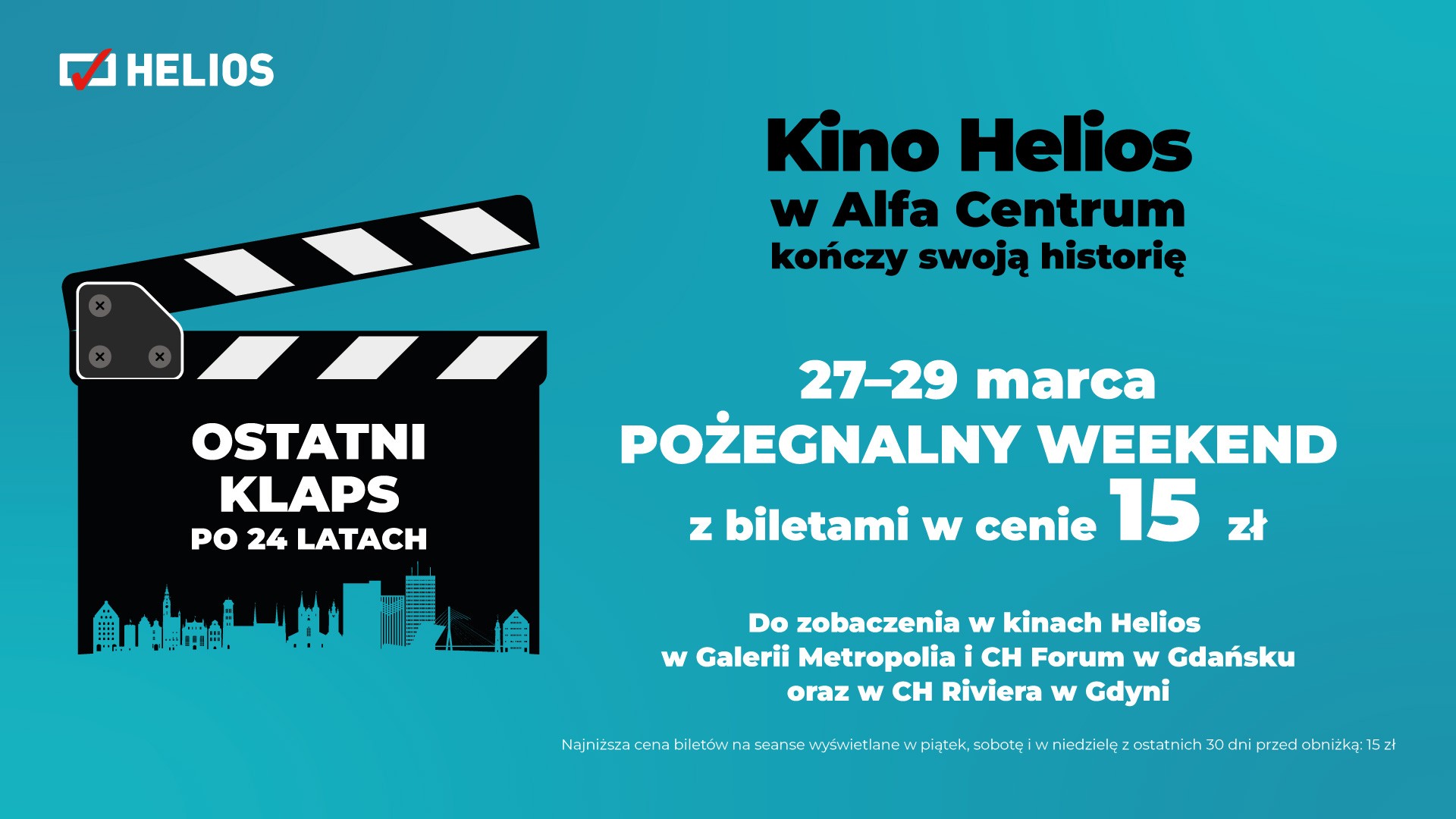 Pożegnanie kina Helios w Alfa Centrum – bilety za 15 zł, atrakcje dla dzieci i bogaty repertuar